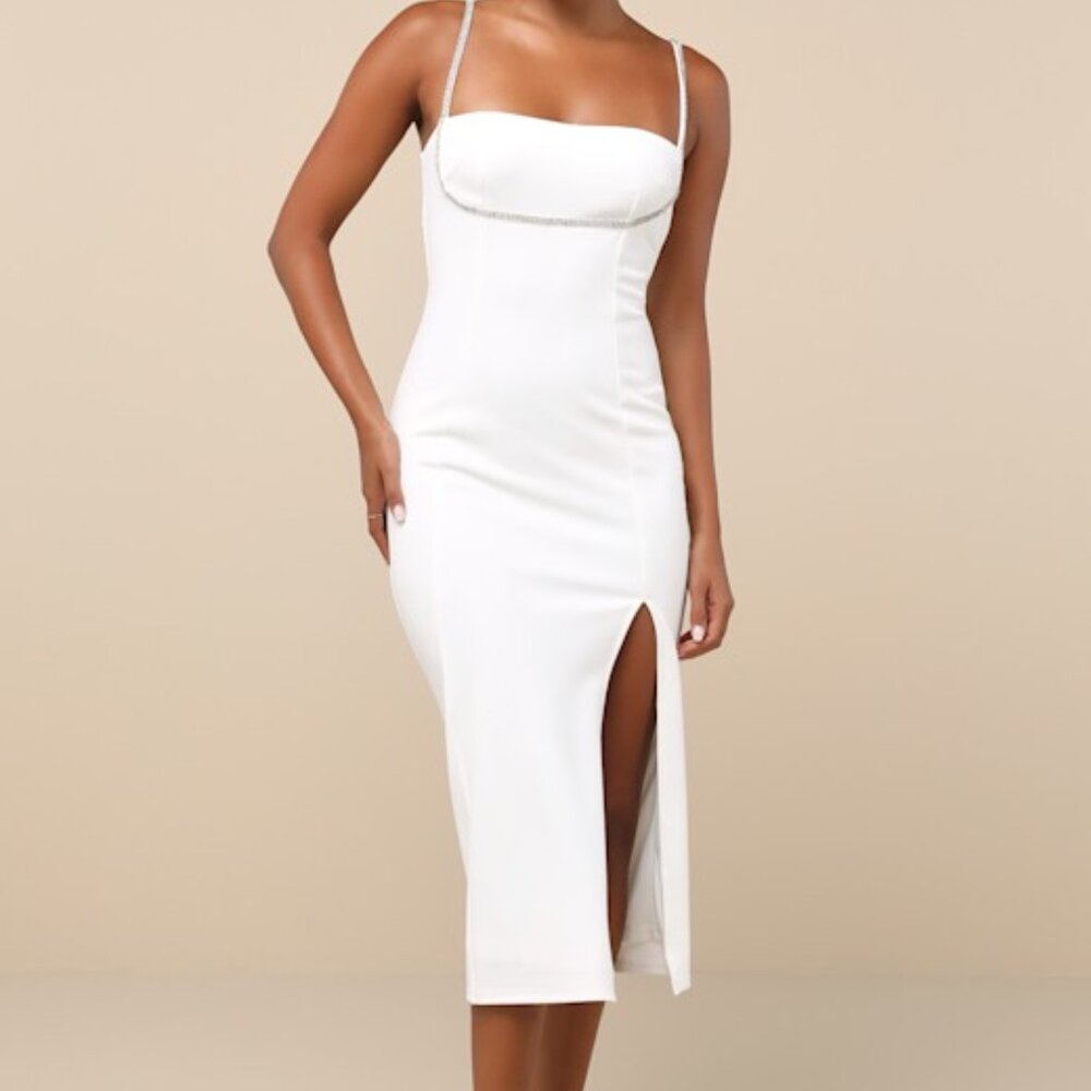 THIS WEEK ONLY 🌴 NWT Lulus Ivory Rhinestone Bodycon Midi Dress - Size L